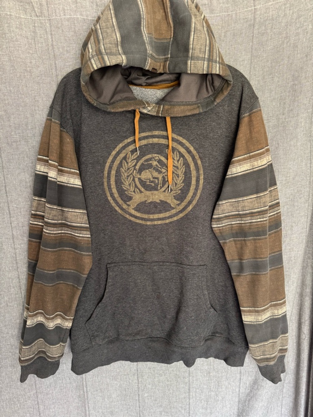 Cinch Pullover Hoodie Mens Lg Grey Brown Rodeo Cowboy Bronco Western
